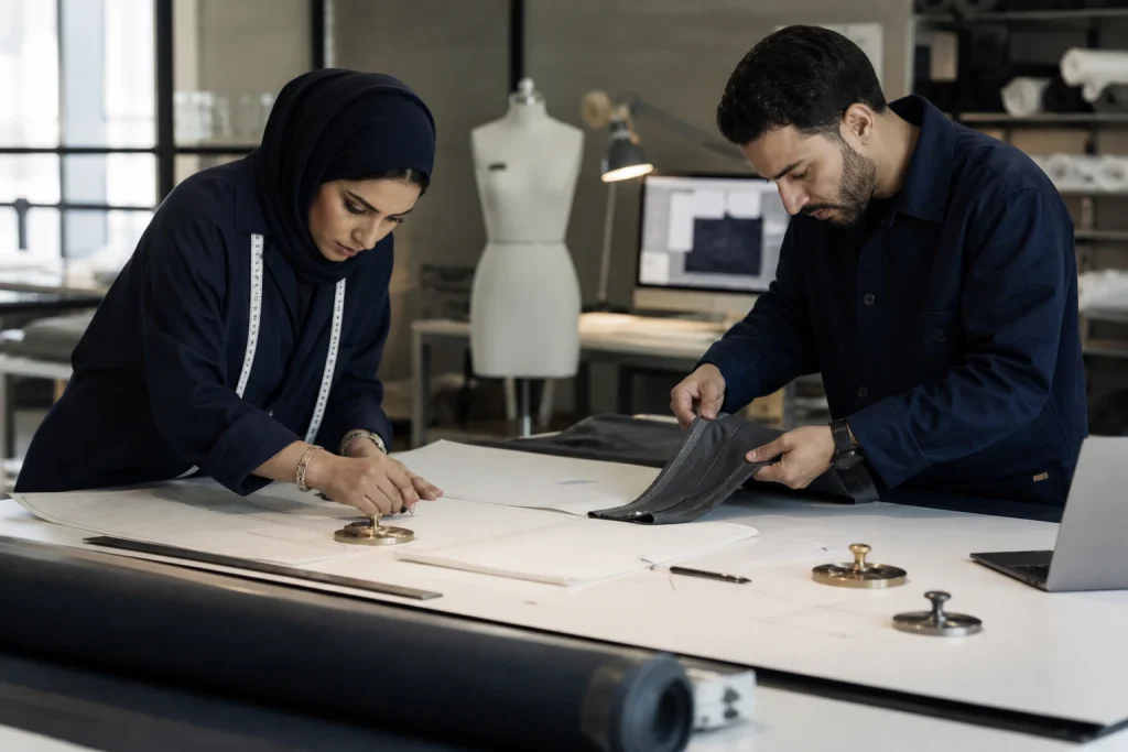 Design engineers refining a technical garment pattern and engineered textile seam in a concept studio.