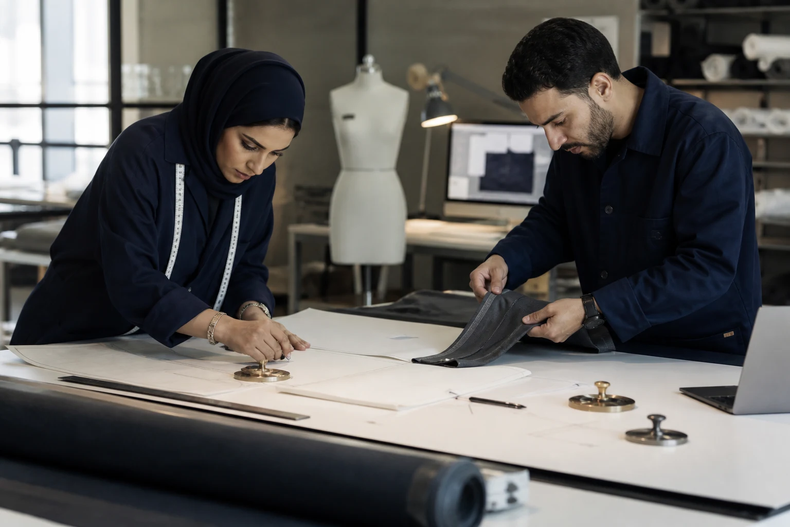 Design engineers refining a technical garment pattern and engineered textile seam in a concept studio.