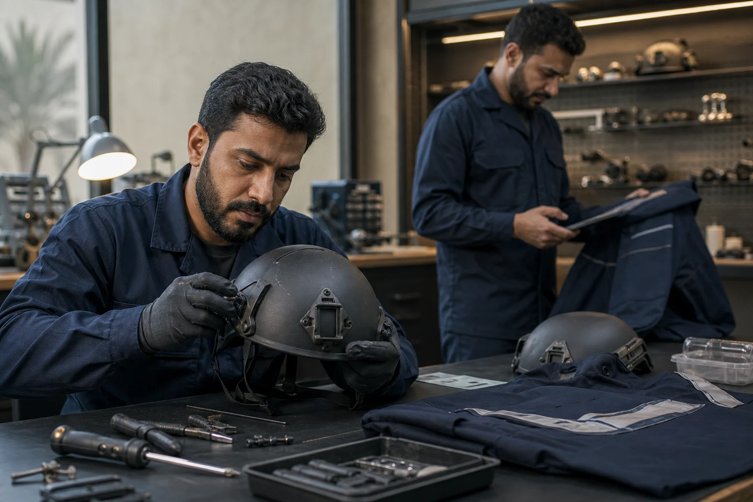 Service specialists inspecting protective equipment and garment seams in a concept lifecycle workshop.