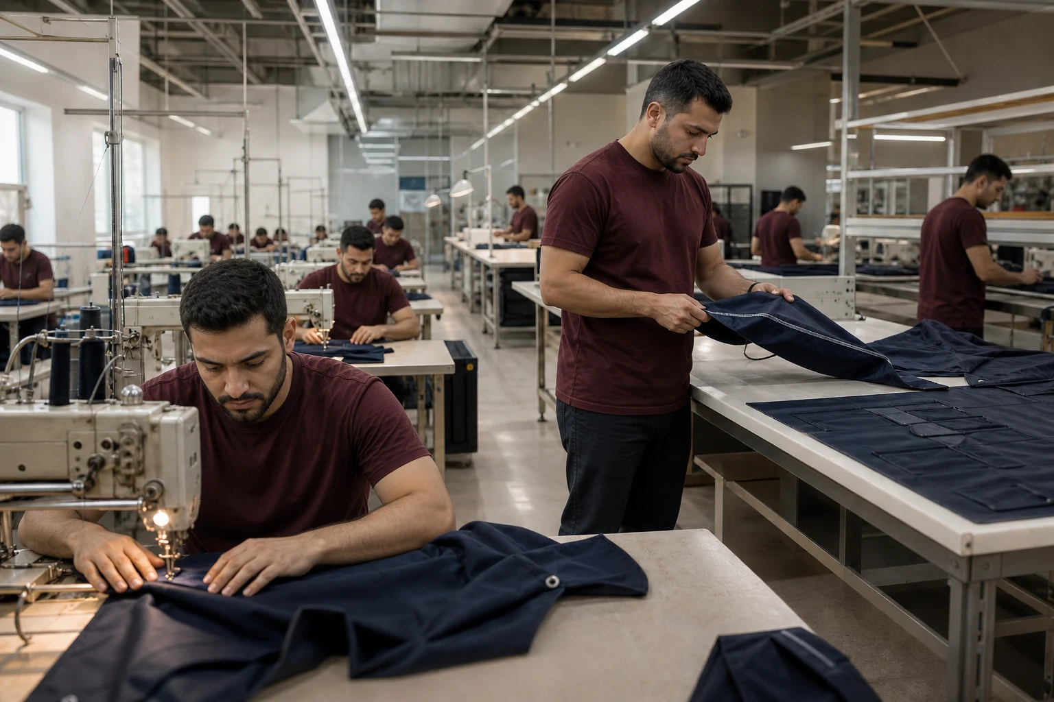 Male production specialists in burgundy corporate uniforms sewing and inspecting technical garments in a concept facility.
