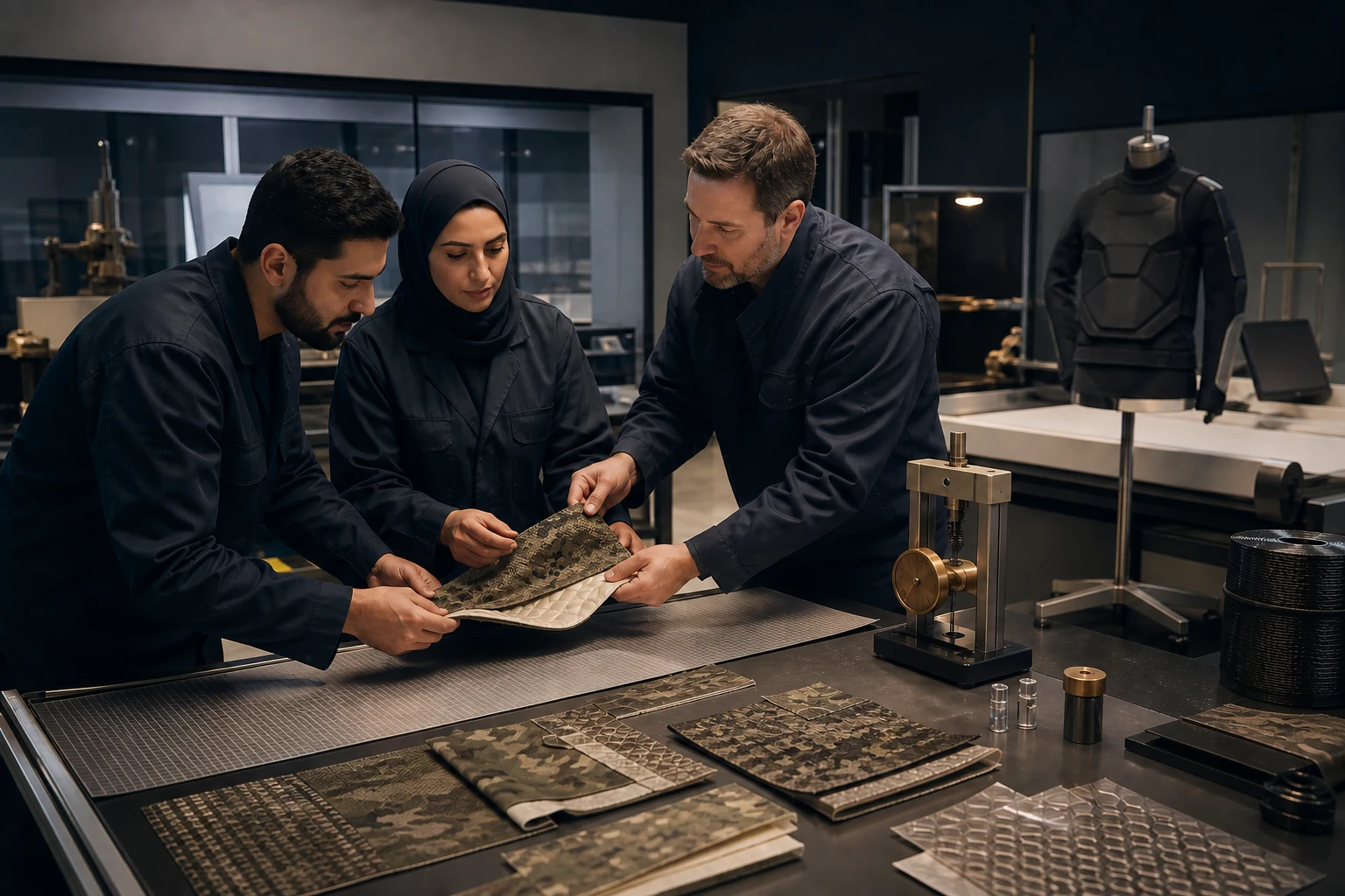 Specialists evaluating layered camouflage-pattern protective material in a concept research and prototyping laboratory.