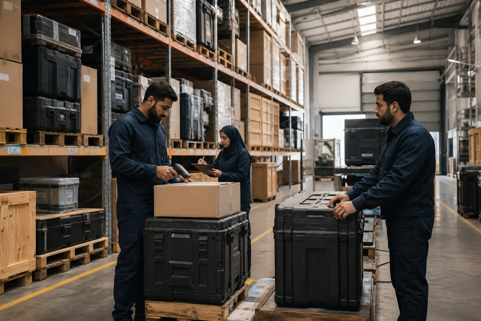 Inventory specialists checking controlled cases in a concept secure warehousing environment.