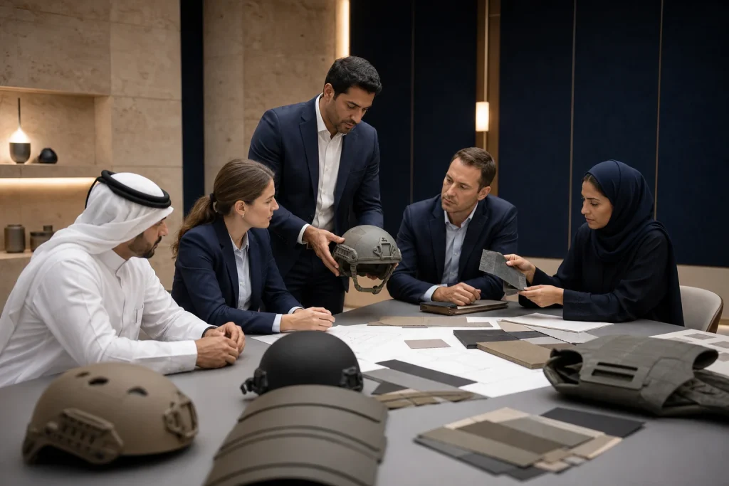 Specialists reviewing protective-equipment requirements and material samples in a concept briefing environment.