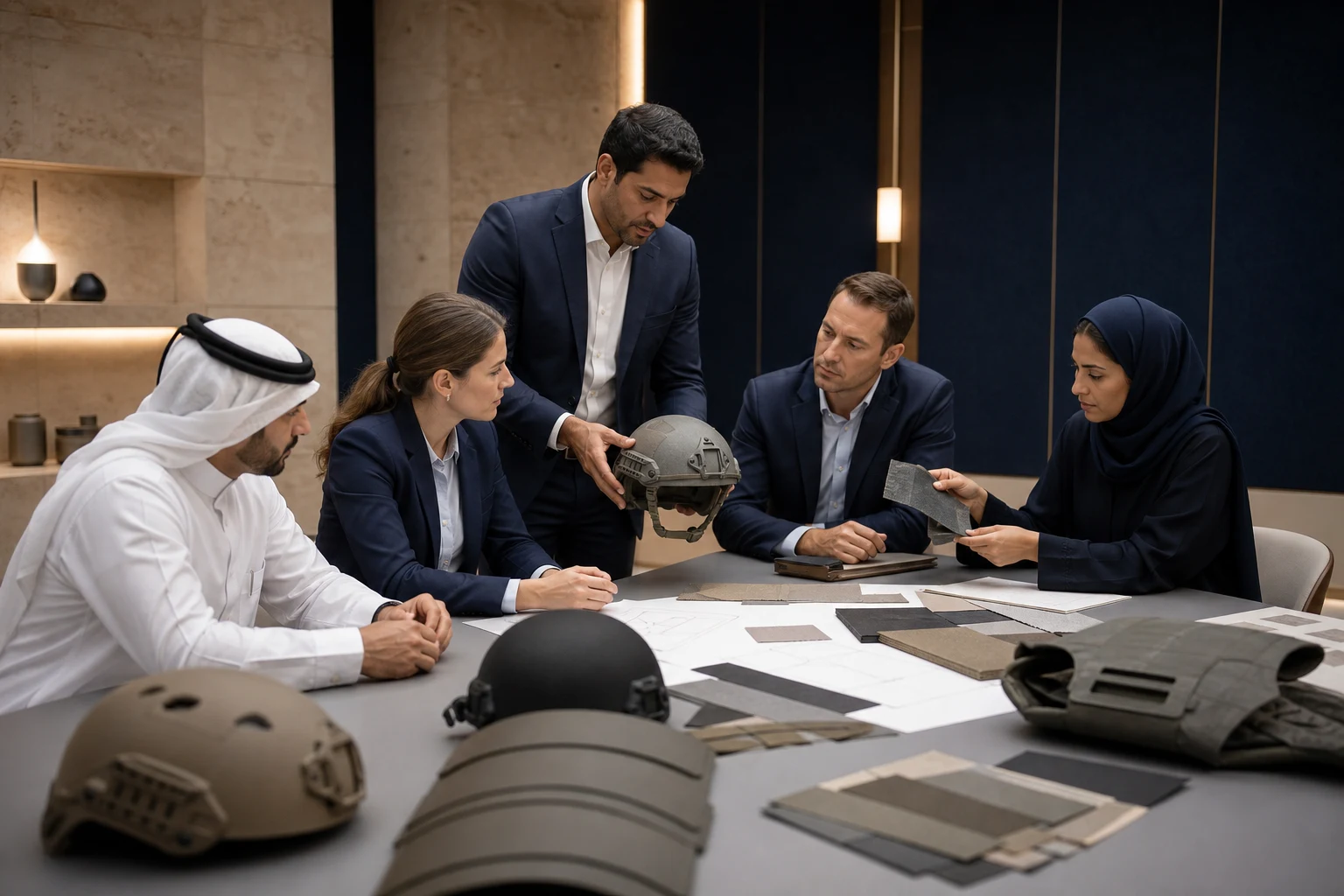 Specialists reviewing protective-equipment requirements and material samples in a concept briefing environment.