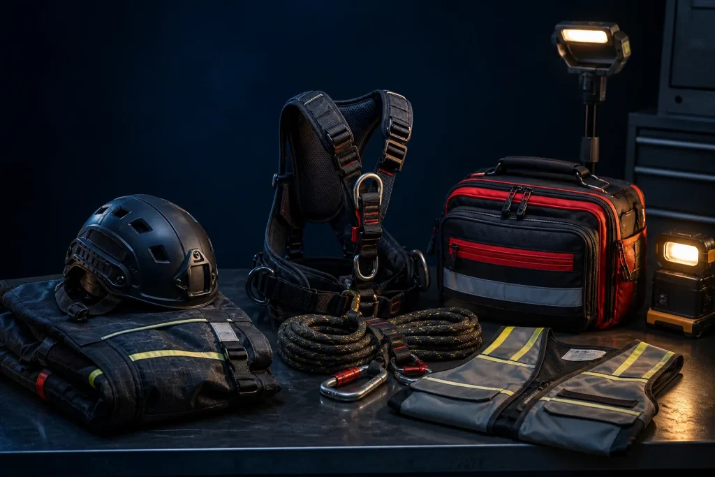 Closed response bag and separate portable task lights within an equipment group.