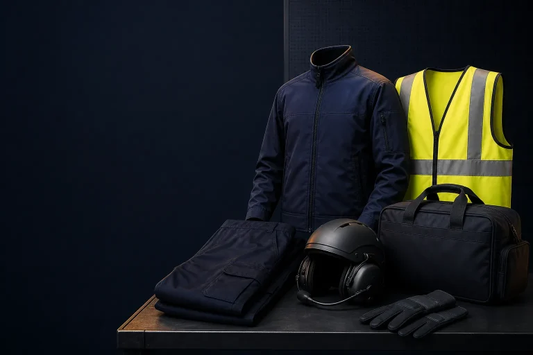 Concept still-life of non-branded flight and ground-crew apparel with aviation support accessories.