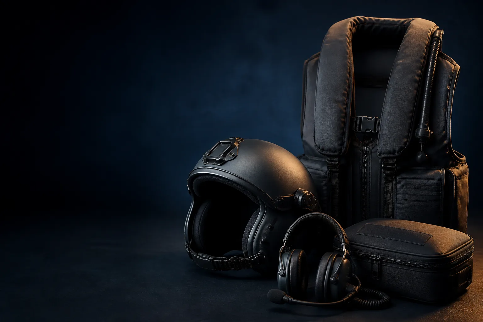 Concept still-life of a generic aircrew helmet interface, survival vest form and protective gloves.