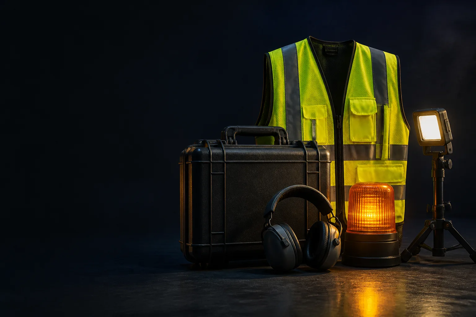 Concept still-life of neutral airfield visibility controls, emergency-response cases and portable task lights.