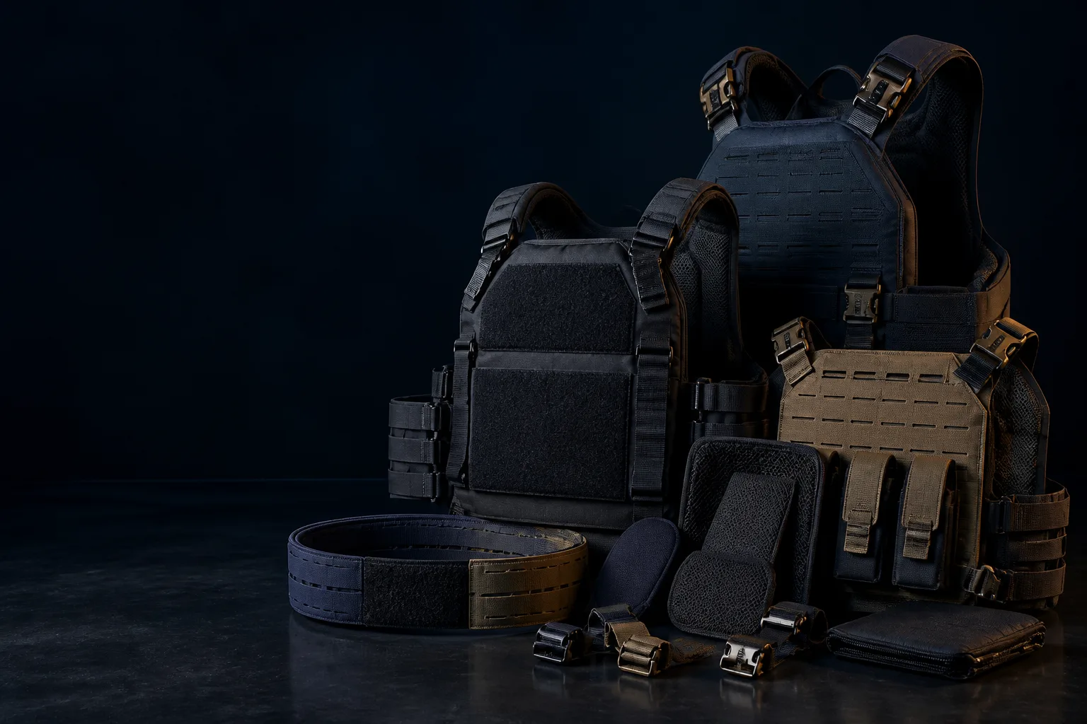 Concept still-life of low-profile and overt carrier forms with neutral adjustment and equipment-interface details.