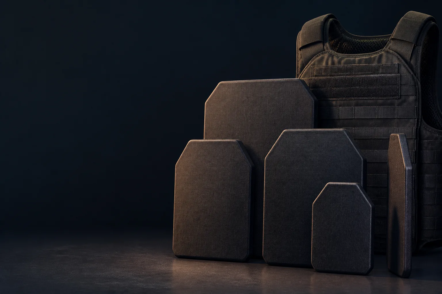 Concept still-life of generic armour insert forms showing front, side and shaped geometries without markings.