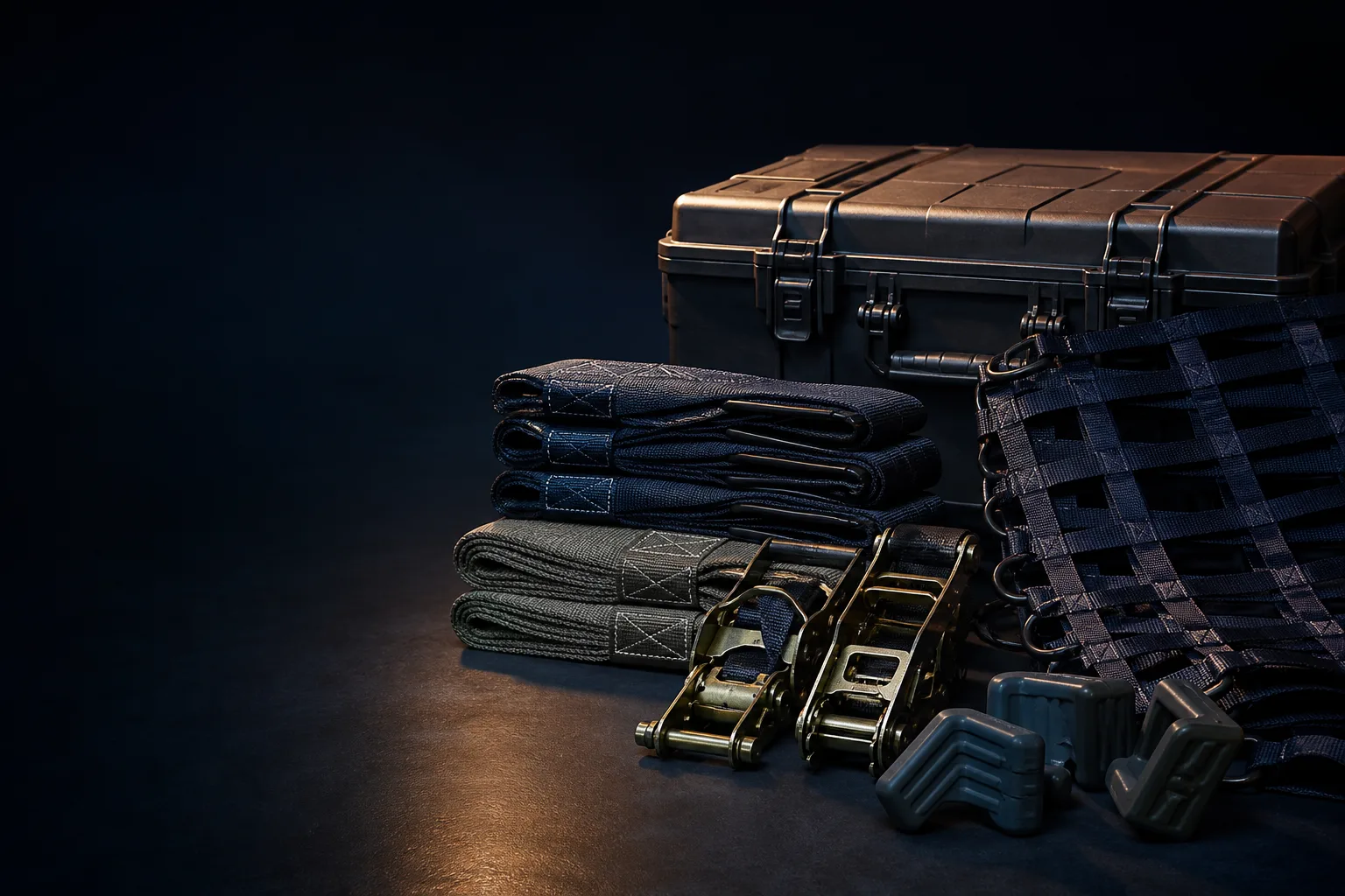 Concept still-life of generic cargo tie-down components, protective covers and handling accessories.