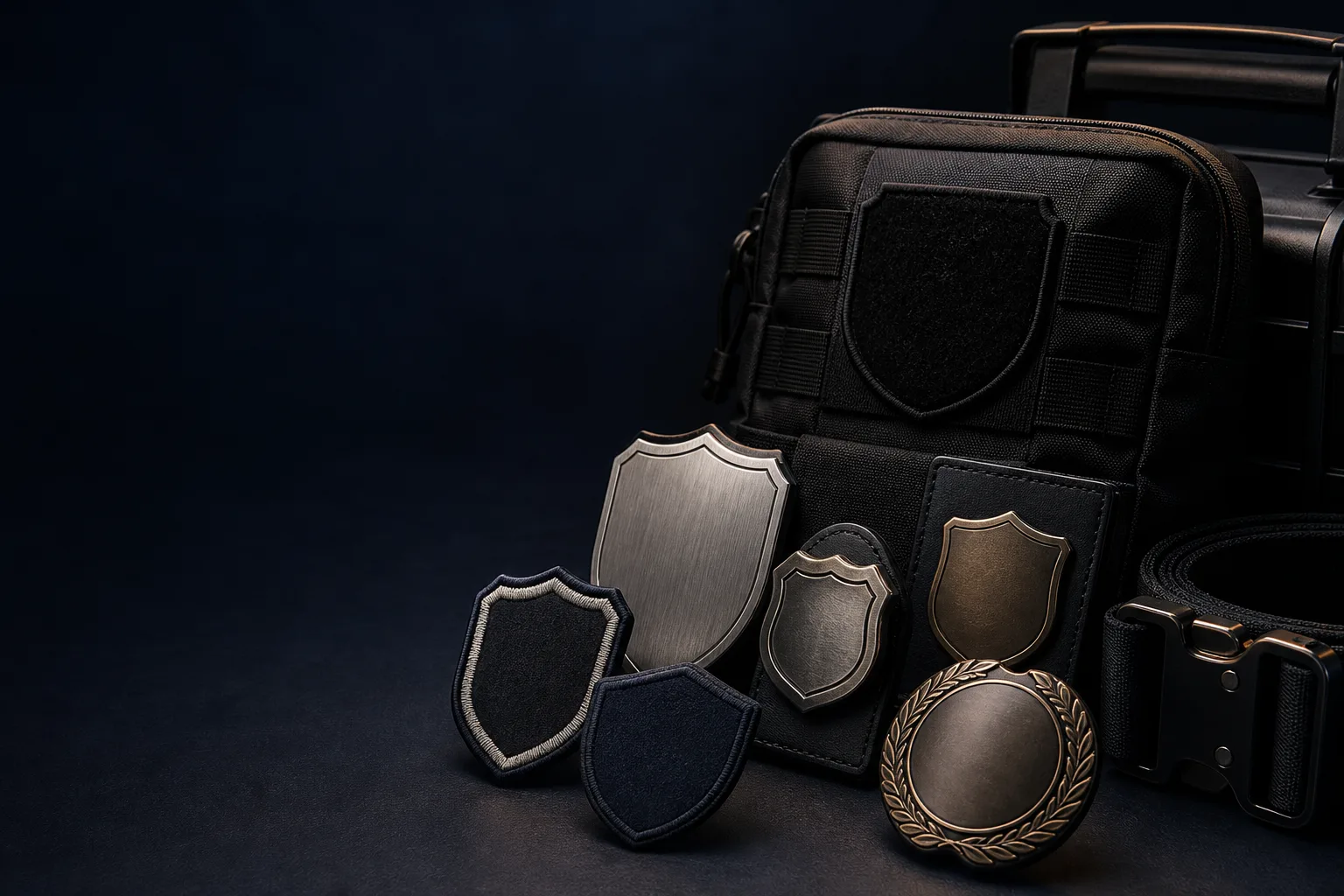Concept still-life of blank generic badge, rank-device and emblem forms without official heraldry.
