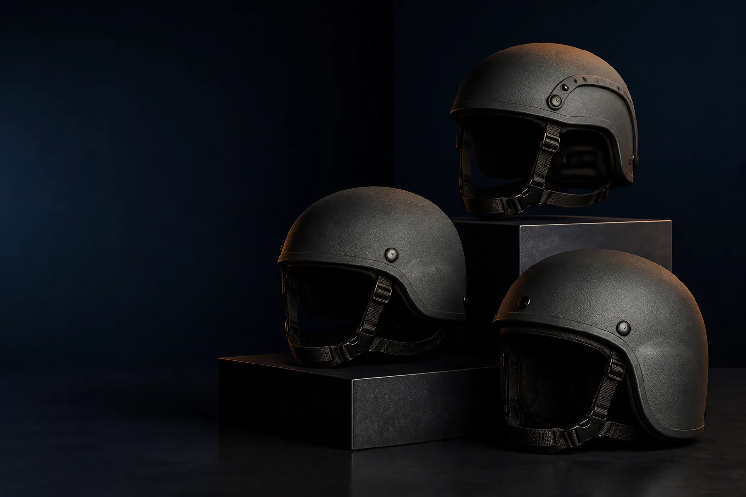Concept still-life of generic full-, mid- and high-cut protective helmet forms without badges or accessories fitted.