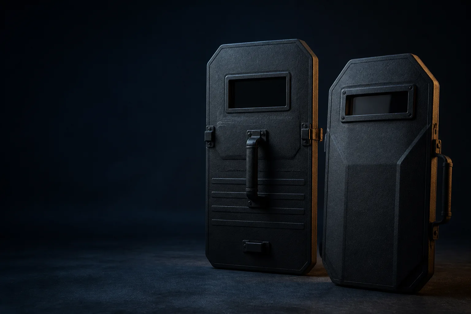 Concept still-life of generic handheld shield forms, viewport options and neutral carrying components.