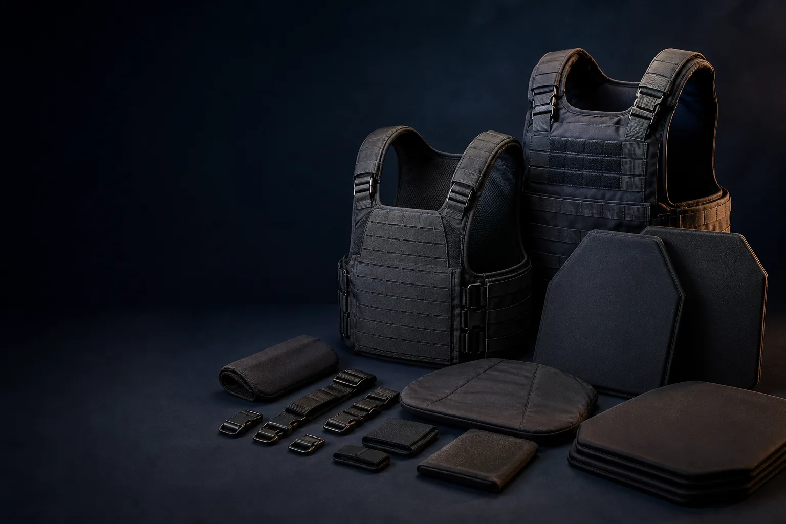 Concept still-life of three non-branded body-armour carrier forms with neutral protective inserts.
