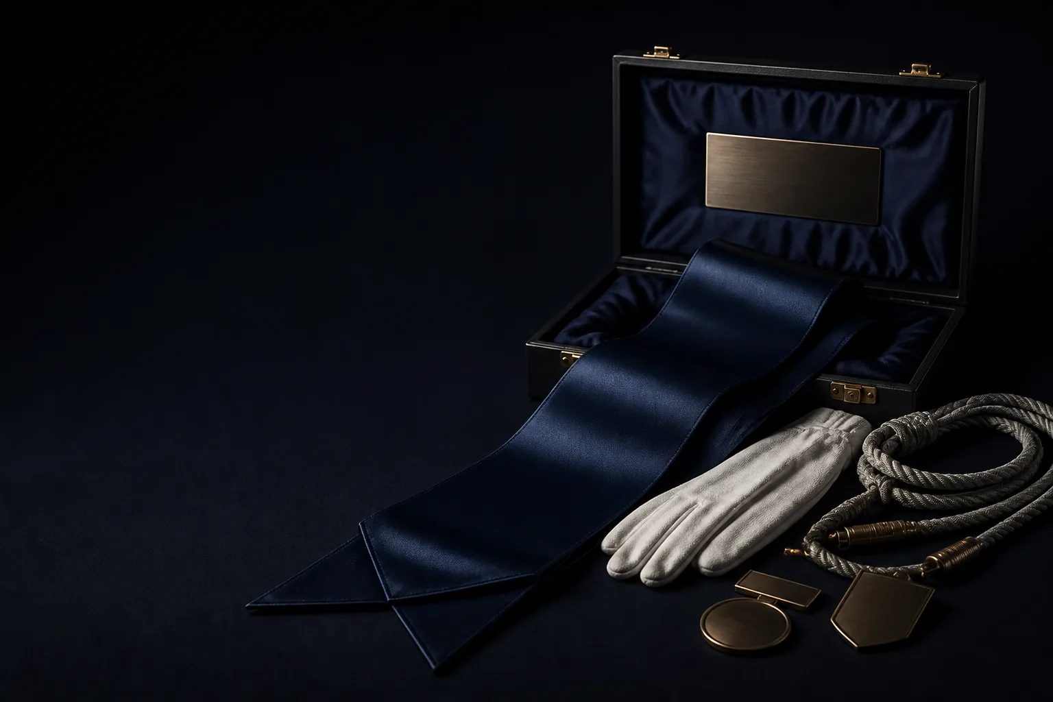Concept still-life of neutral cords, lanyards, blank recognition tokens and formal presentation accessories.