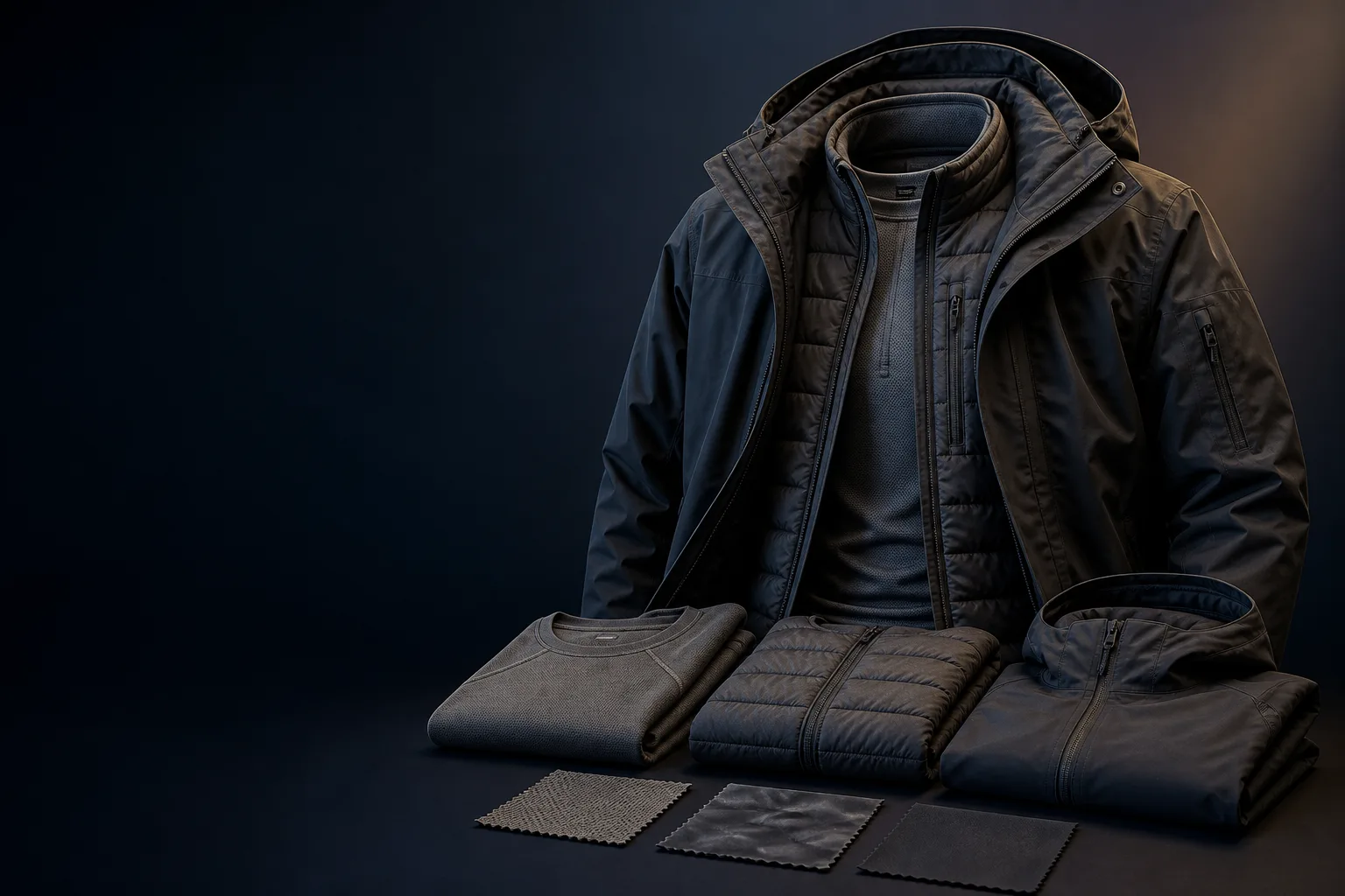 Concept still-life of coordinated hot-, cold- and wet-weather apparel layers in neutral operational colours.