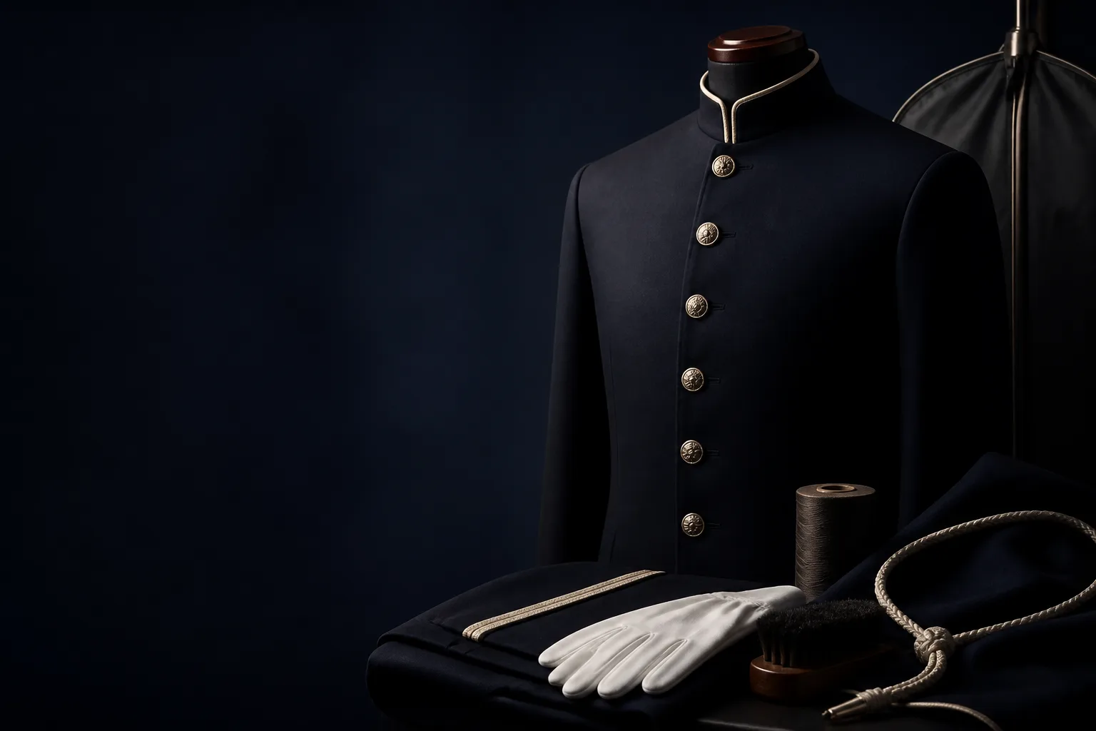 Concept still-life of formal uniform textiles, neutral ceremonial details and tailoring references without insignia.