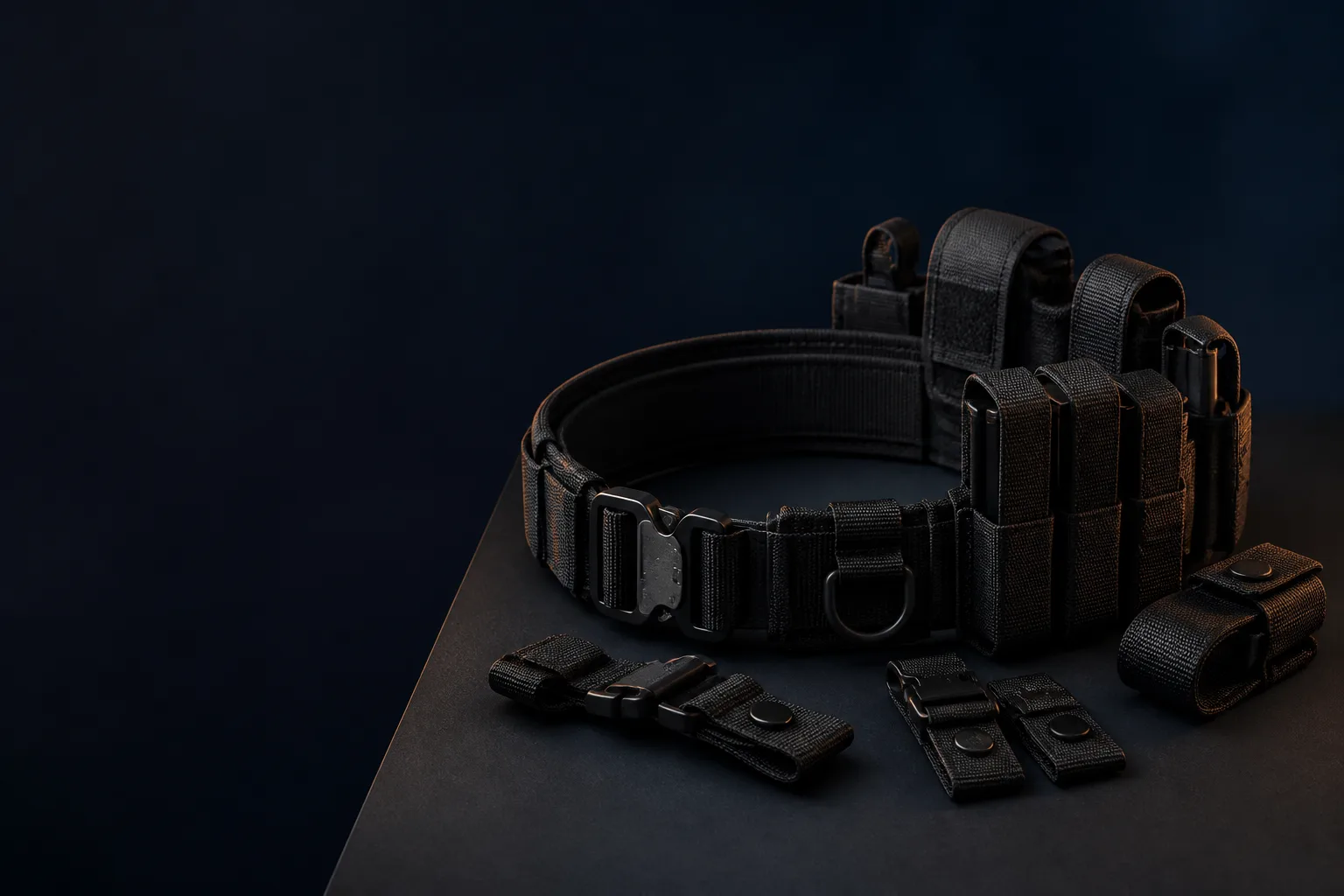 Concept still-life of a neutral duty belt, retention platforms and modular carriage accessories.