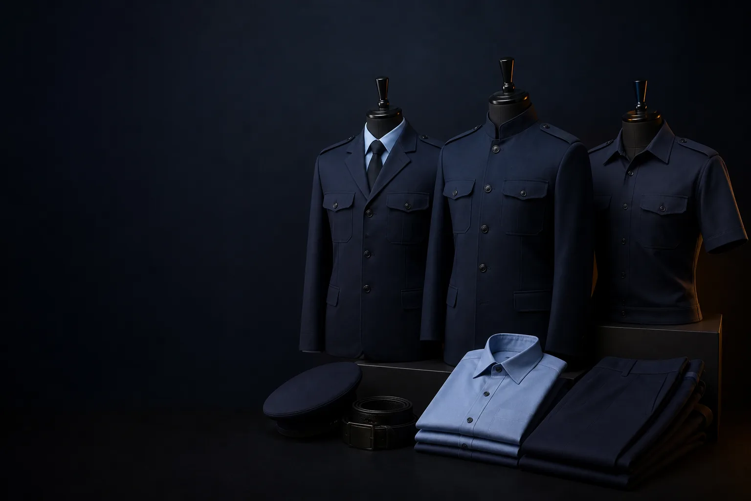 Concept still-life of coordinated service-uniform garments, folded components and neutral identity details.