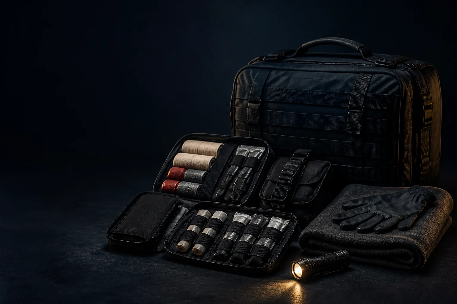 Concept still-life of responder apparel, organized trauma bags and neutral casualty-support modules.