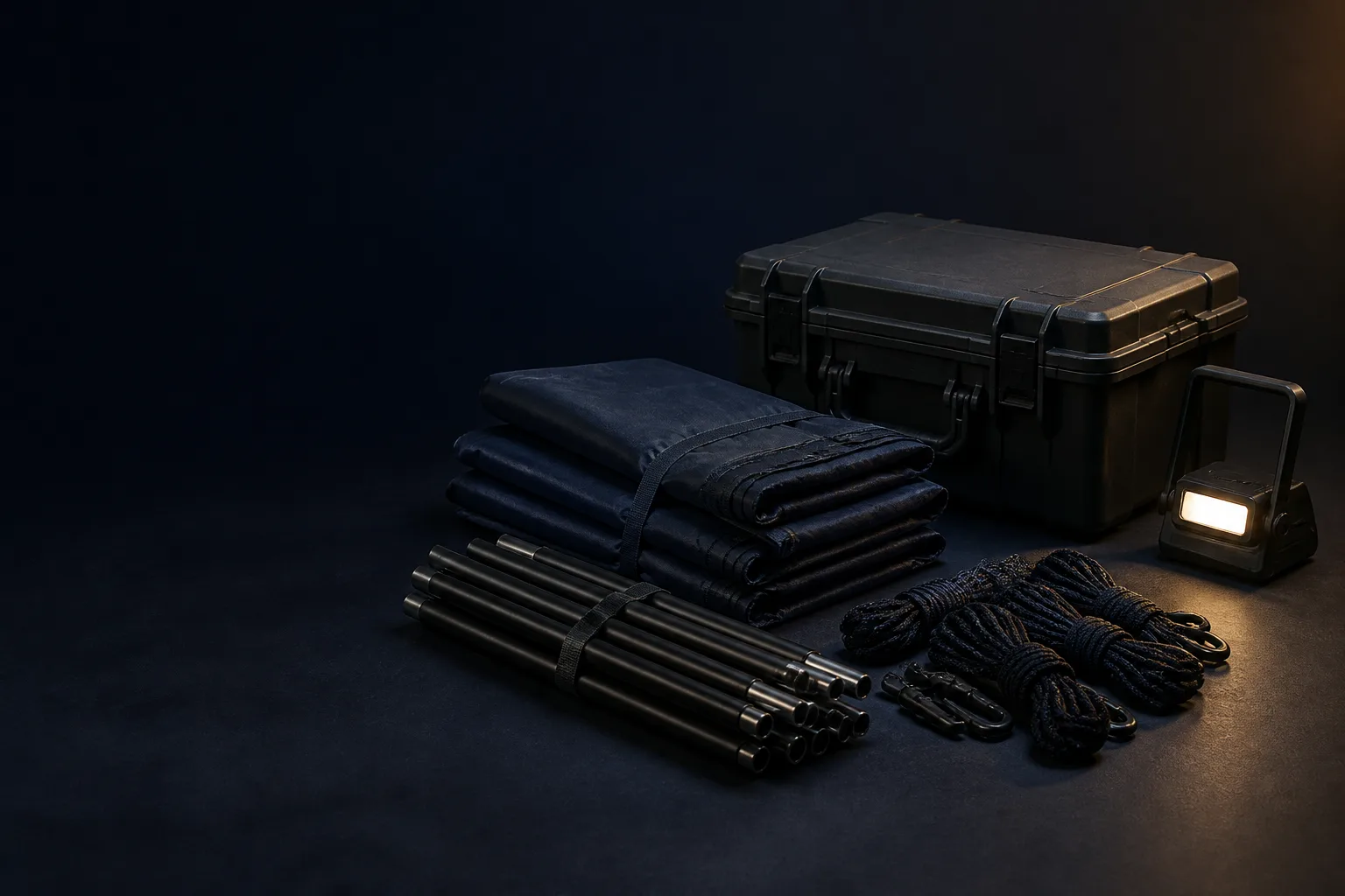 Concept still-life of compact shelter, hydration and field-organization components in a neutral deployment setting.