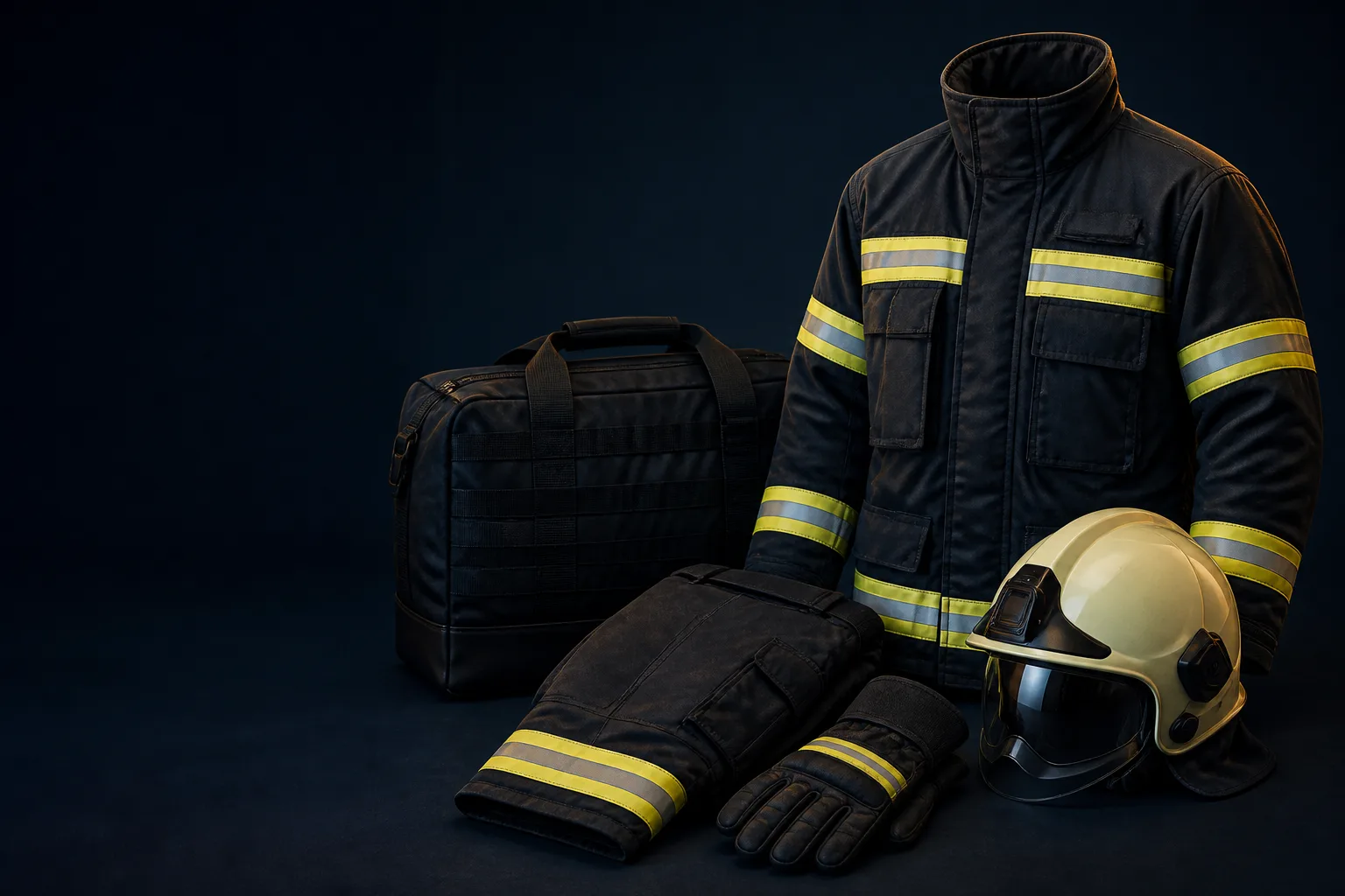Concept still-life of neutral structural and technical-rescue garments with glove, boot and helmet interface forms.