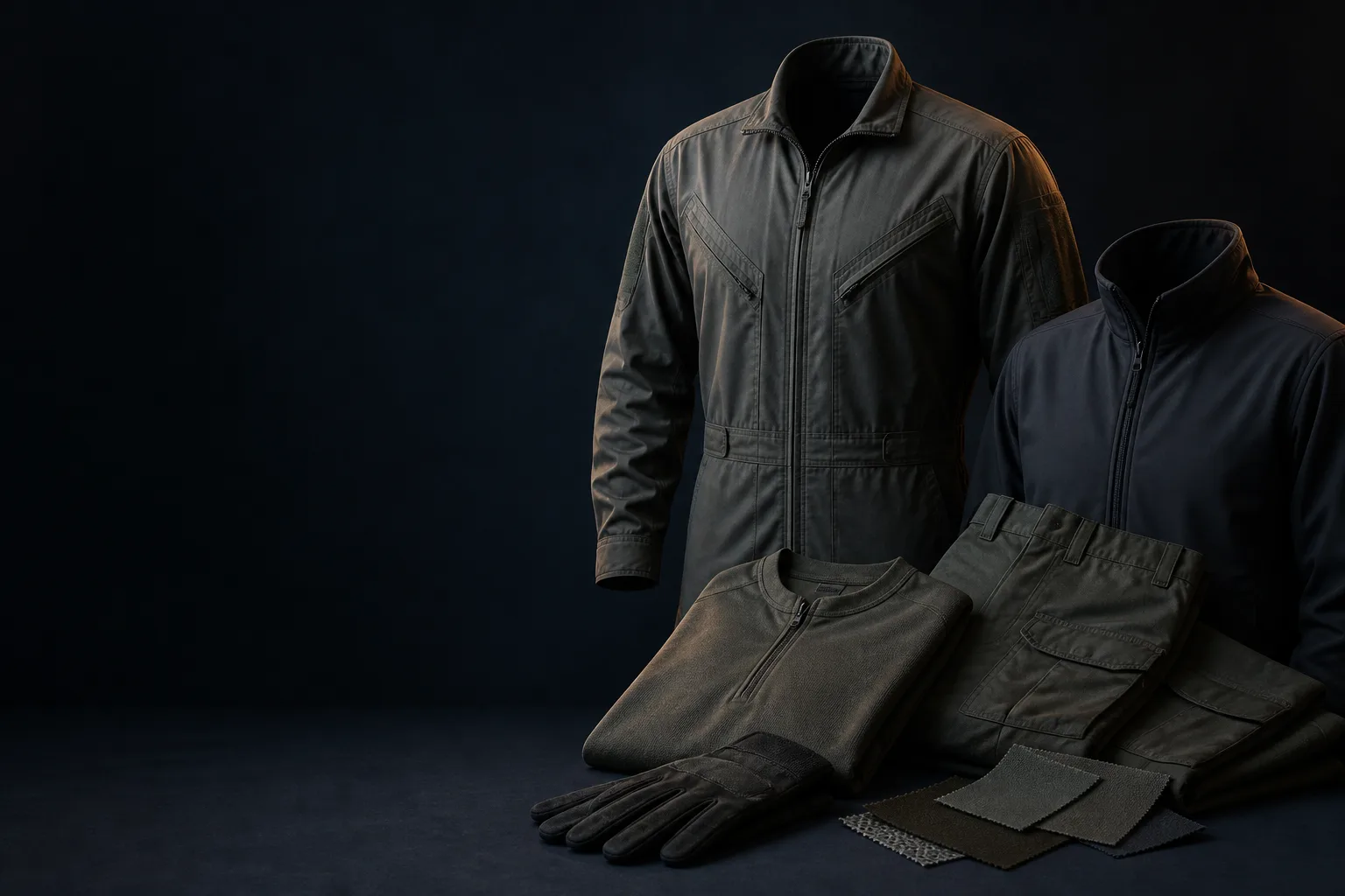 Concept still-life of non-branded flight suits, two-piece crew apparel and neutral outerwear.