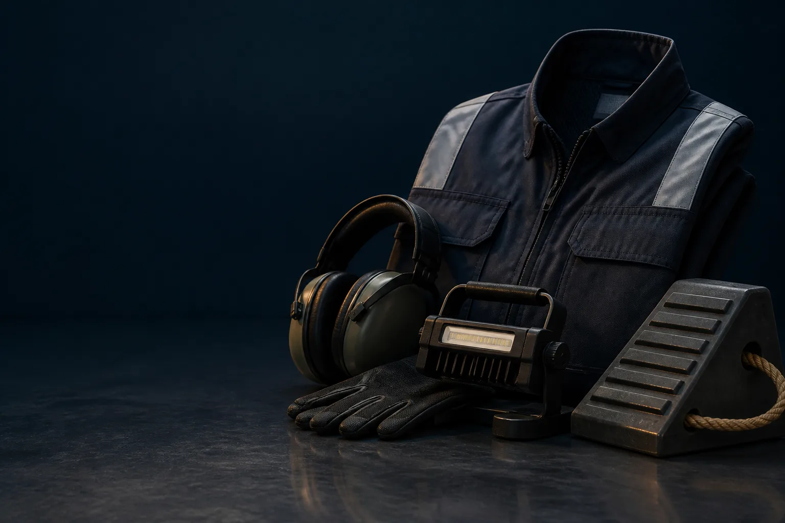 Concept still-life of neutral ramp workwear, visibility garments and ground-task accessories.