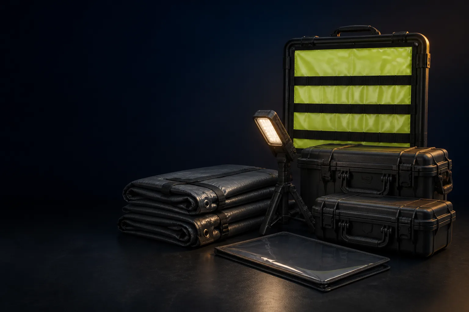 Concept still-life of command visibility vests, neutral scene markers, portable shelter and organization cases.