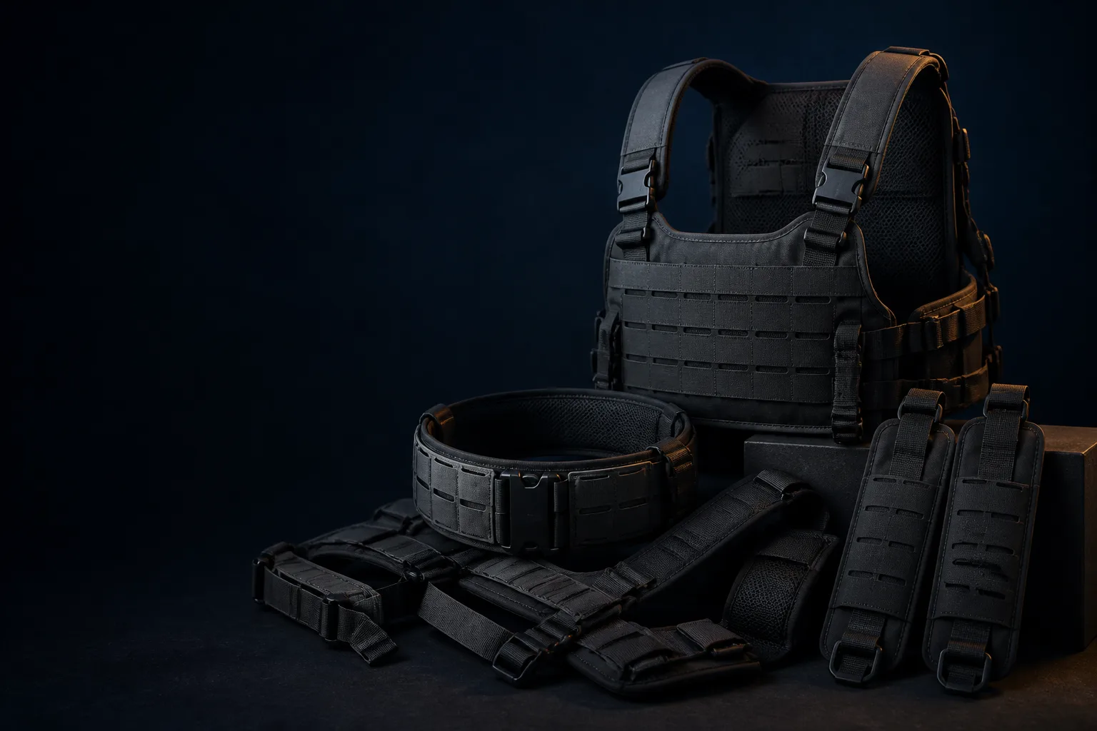 Concept still-life of non-branded chest rigs, modular harnesses and belt-support components.