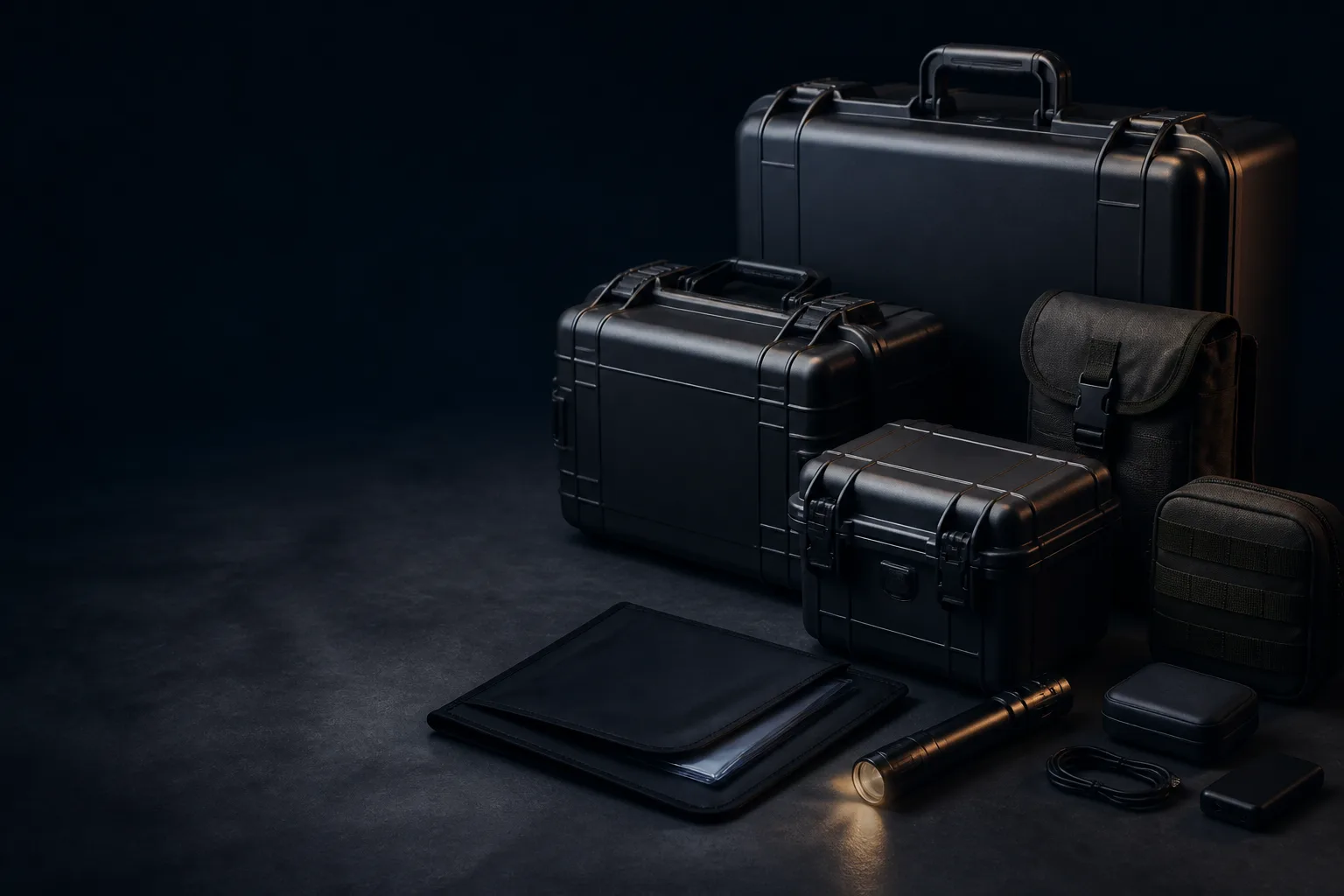 Concept still-life of compartmented communications, observation, lighting and medical-support equipment cases.
