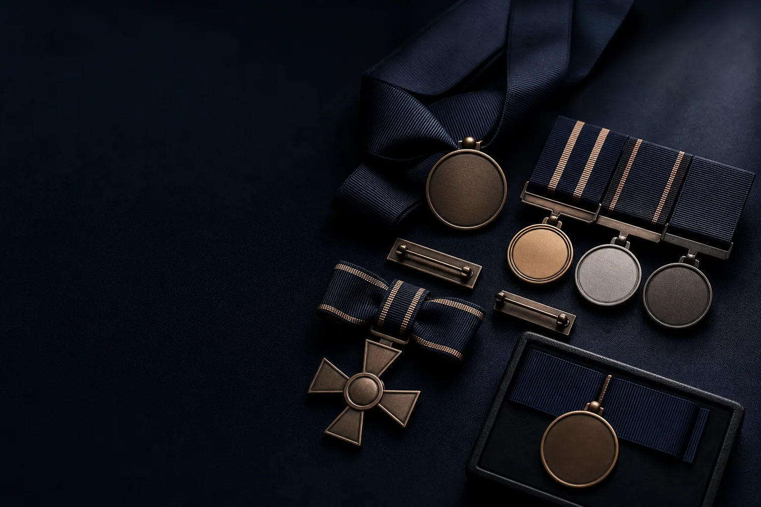 Concept still-life of blank generic medal forms, neutral decorations and commemorative pieces without official insignia.