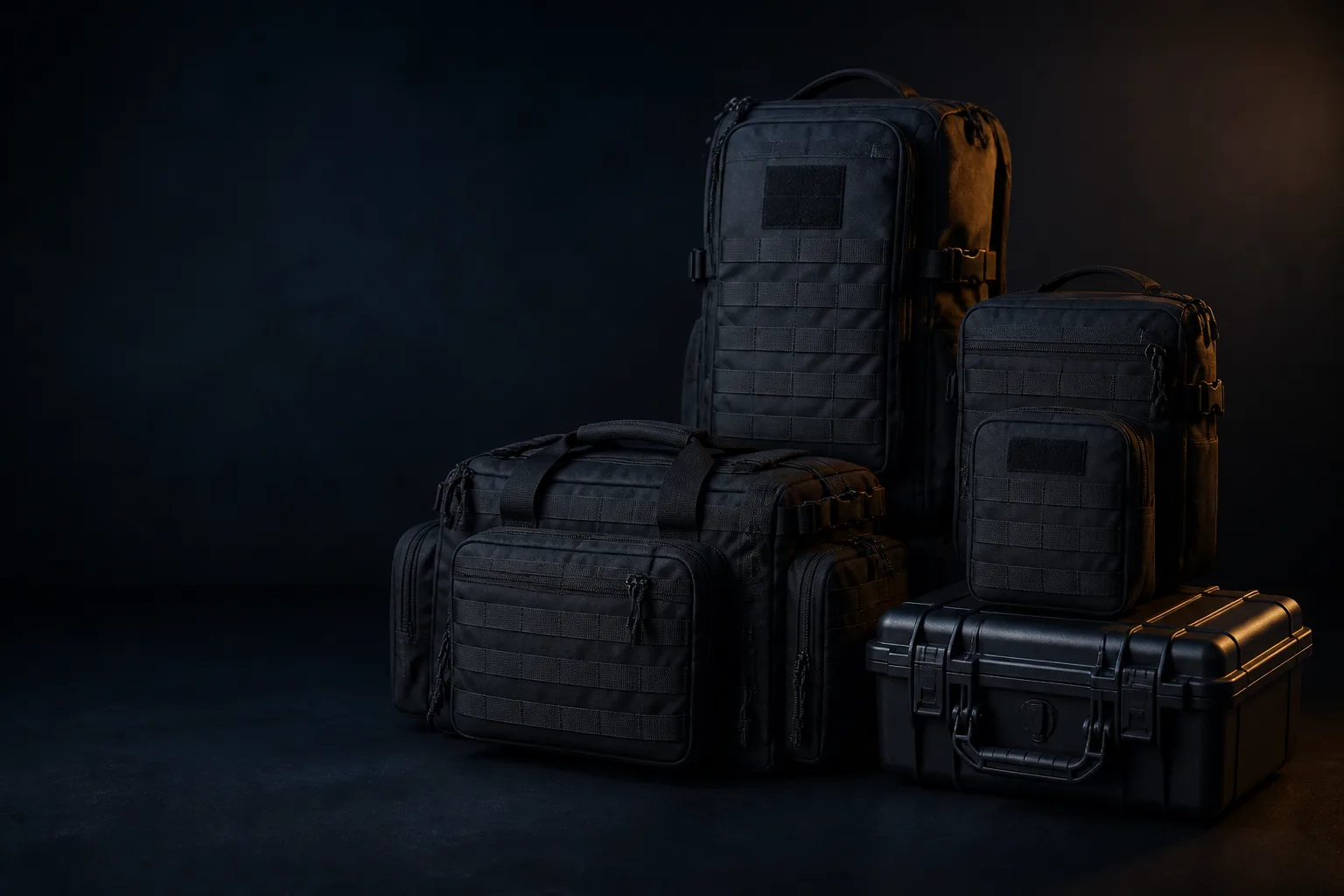 Concept still-life of a patrol pack, deployment bag and rigid mission case with neutral identification details.