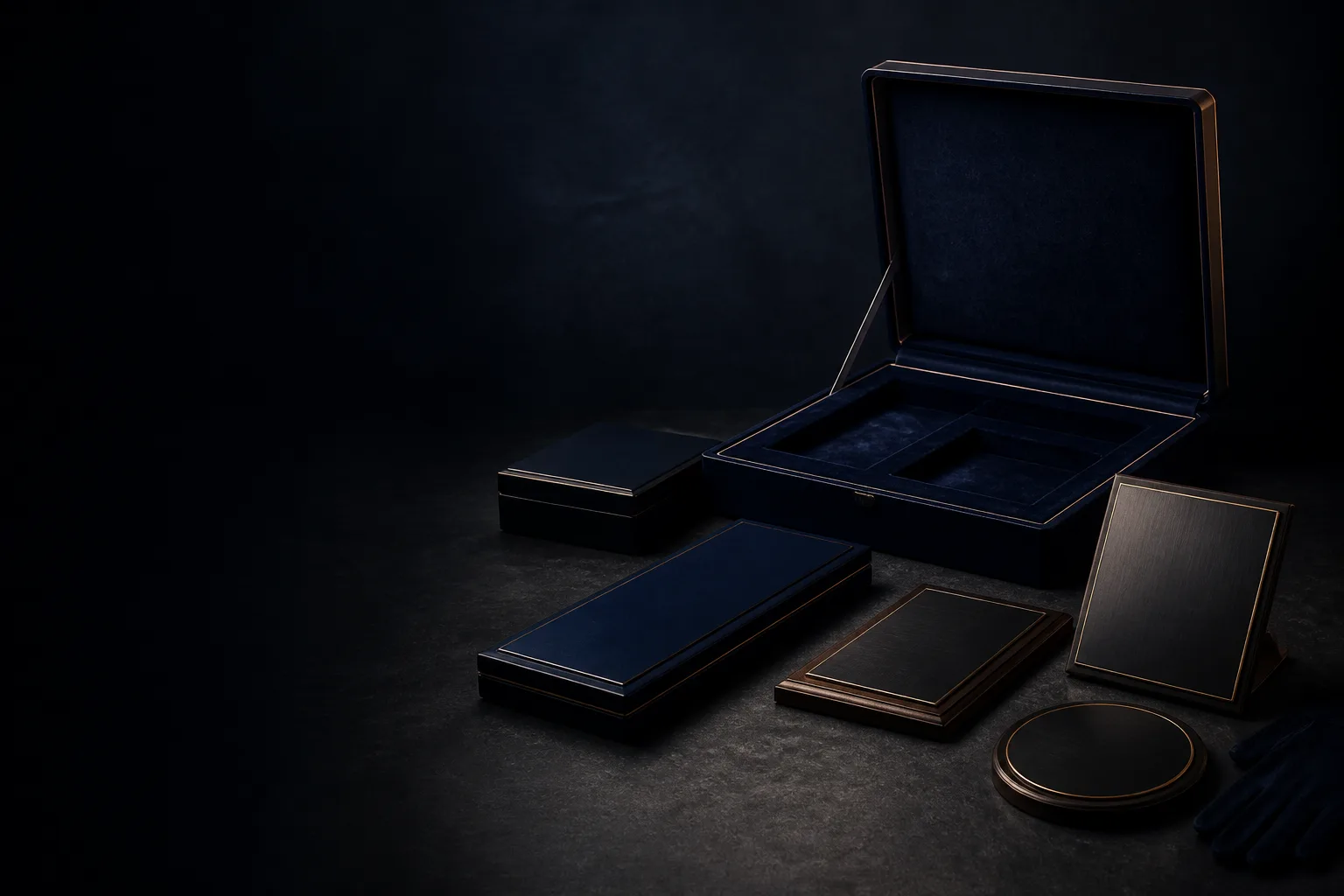 Concept still-life of dark presentation cases, neutral display boards and archival storage forms.