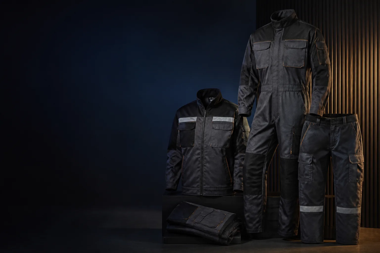 Concept still-life of neutral protective workwear, coverall forms and controlled-visibility garment panels.