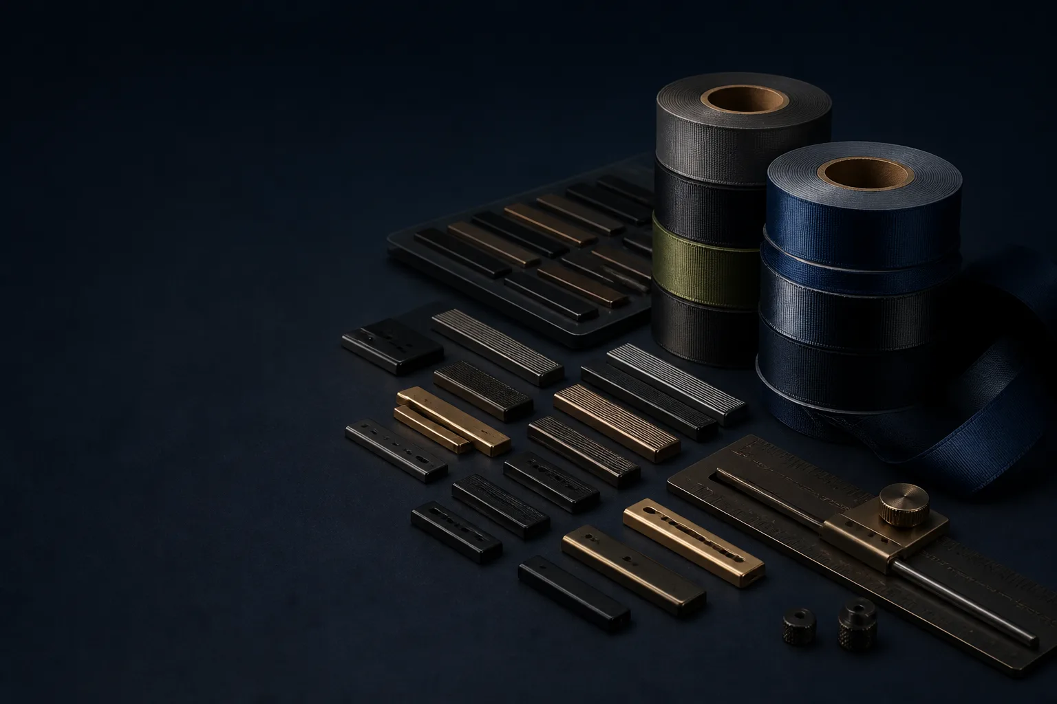Concept still-life of generic ribbon bars, mounting sets and blank clasps arranged in approved-order placeholders.
