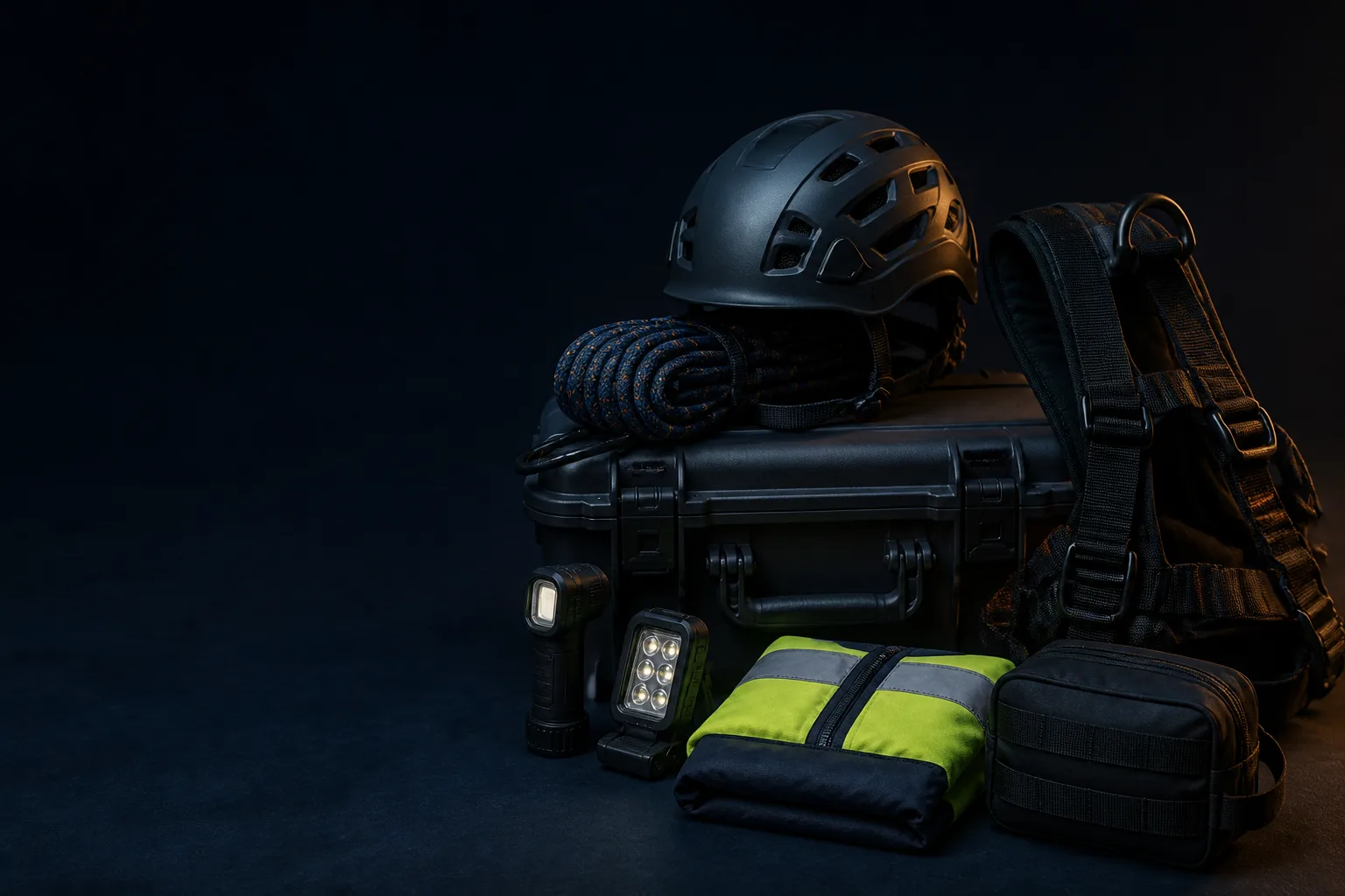 Concept still-life of a rescue helmet, harness, rope-access kit and organized response pack without markings.