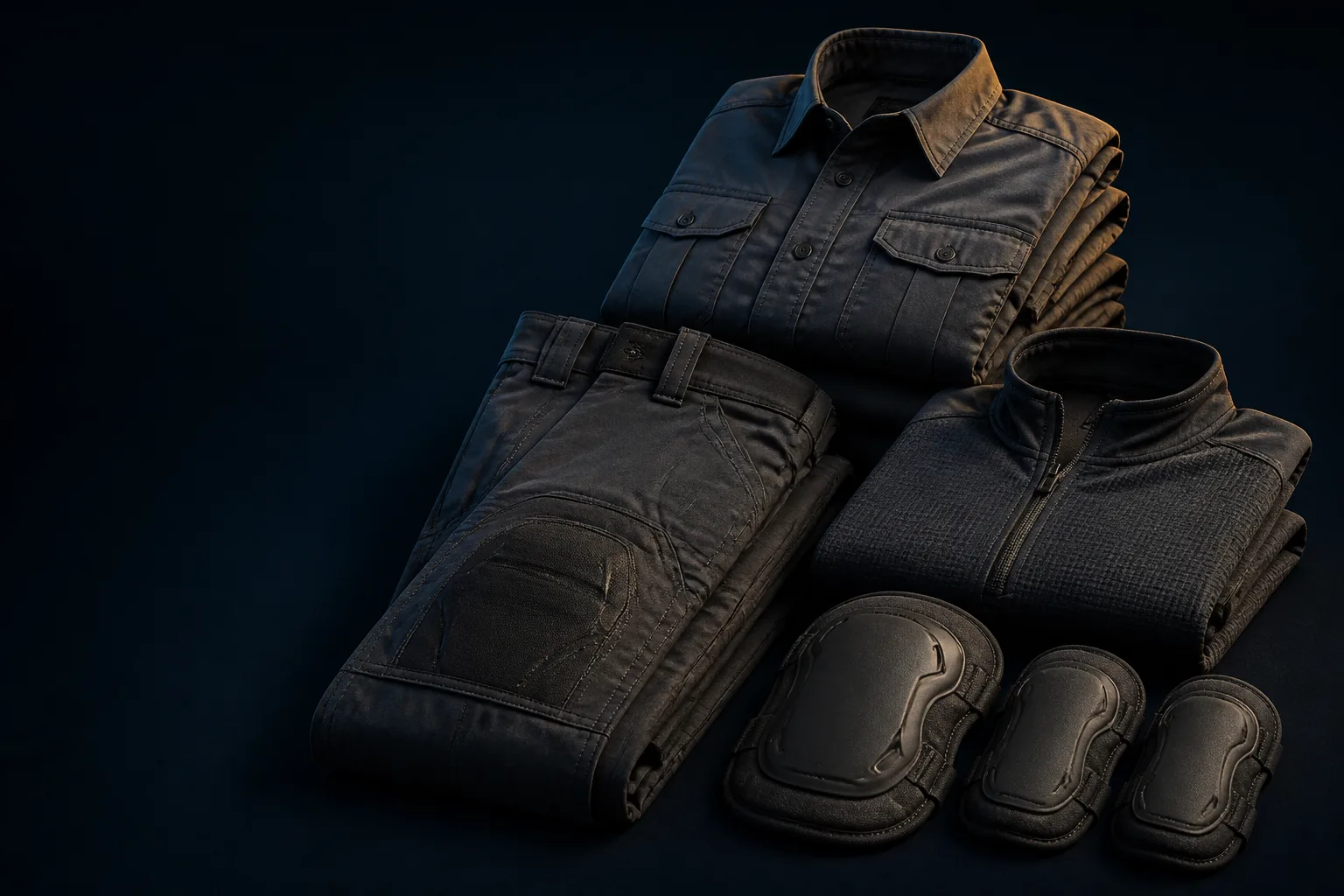 Concept still-life of non-branded field apparel, modular layers and reinforced garment details.
