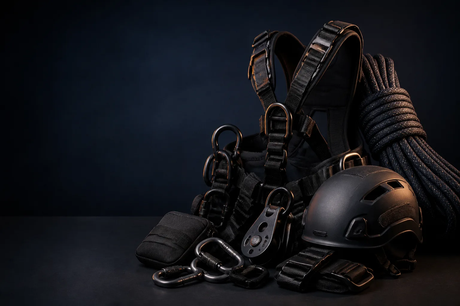 Concept still-life of access harnesses, generic rope hardware and confined-space equipment without certification marks.