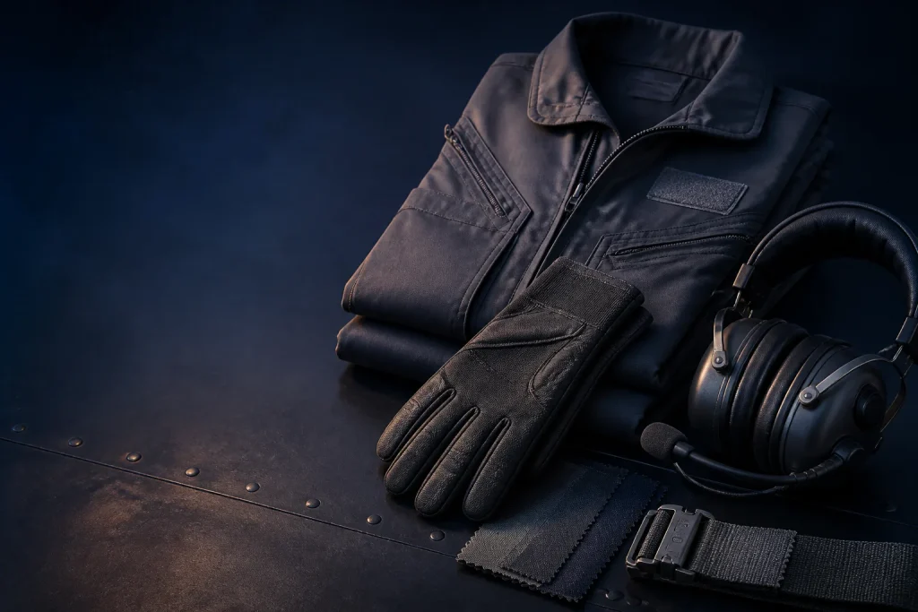 Dark glove cuff and fingers beside folded crew clothing and a headset.