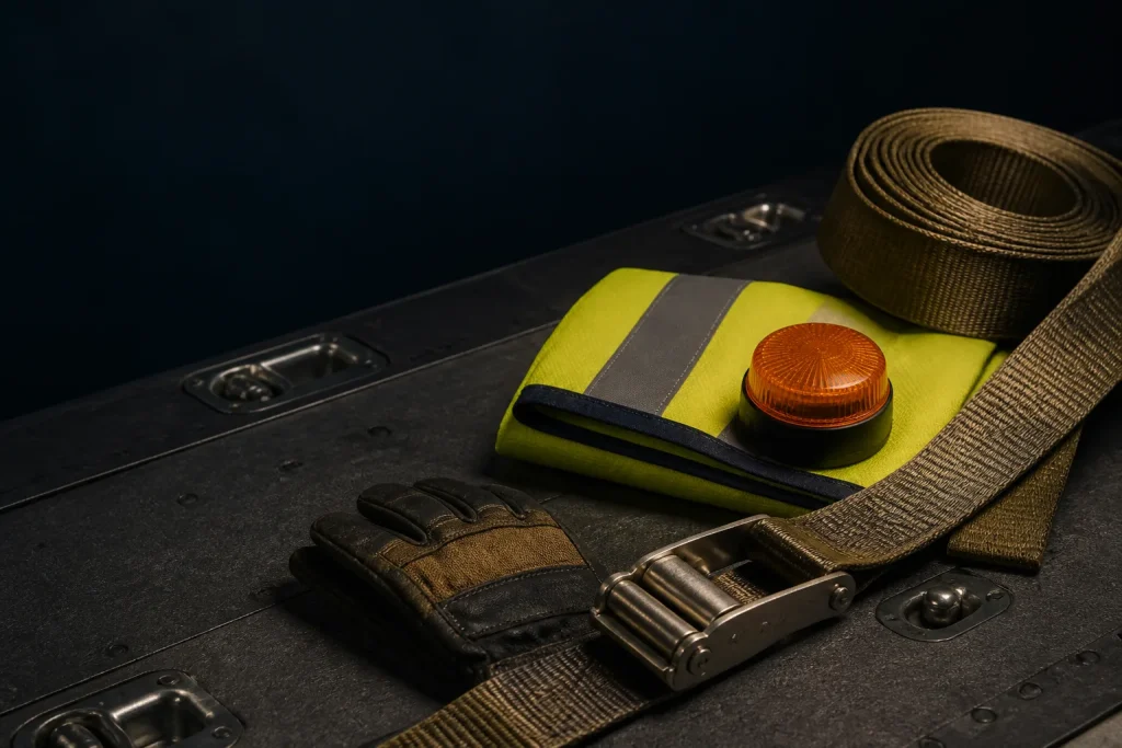 Strap buckle, glove and small marker arranged on a case surface.