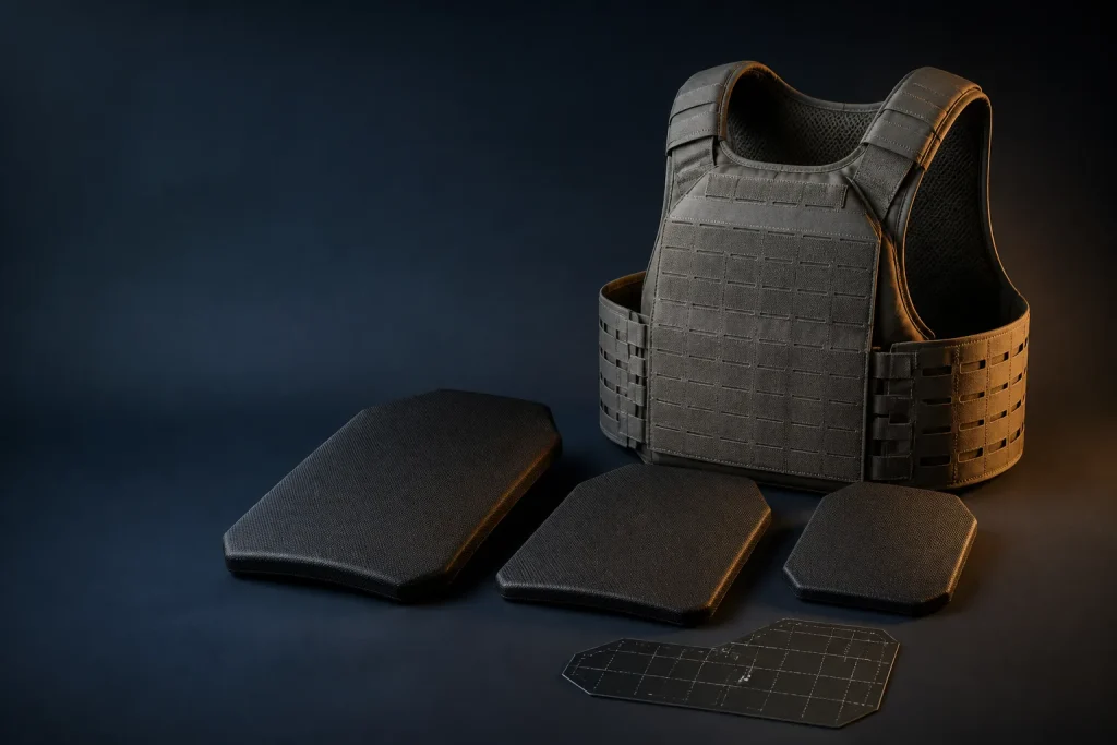 A modular carrier with separate insert-shaped components arranged in front.