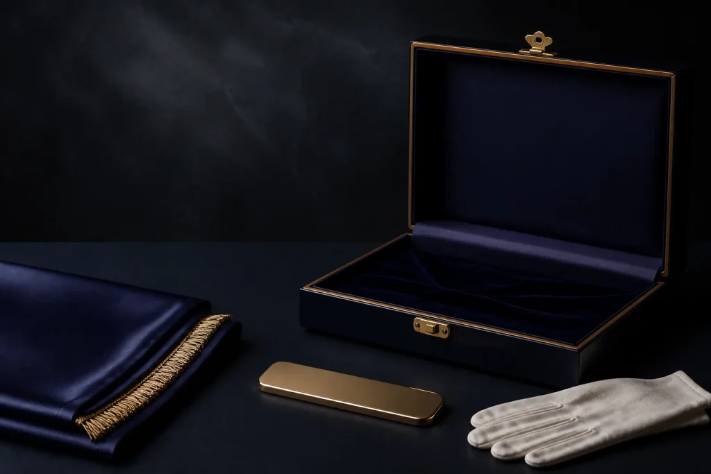 Open navy presentation case showing its lid, closure and empty interior.