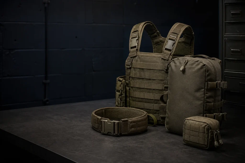 Belt, shoulder-supported carrier and separate pouch arrangement.