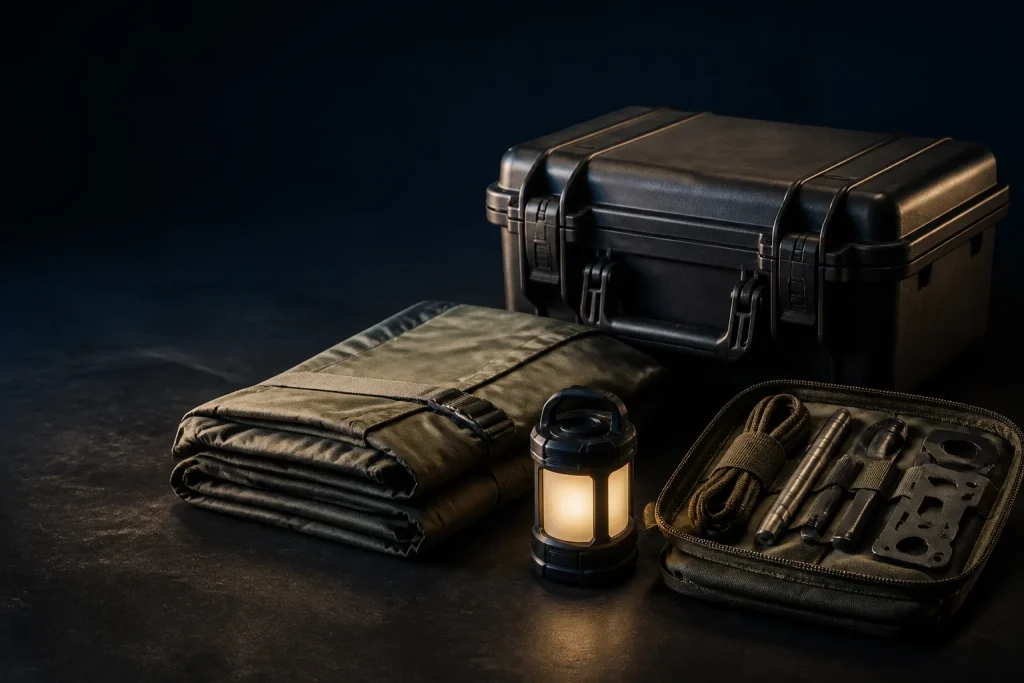 Portable lamp and its base beside a case and small organiser.