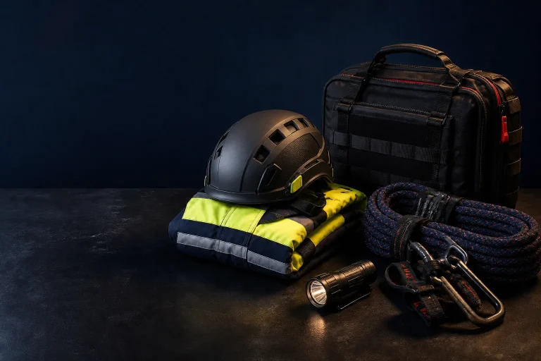 Concept still-life of non-branded rescue equipment, responder apparel and scene-support items.