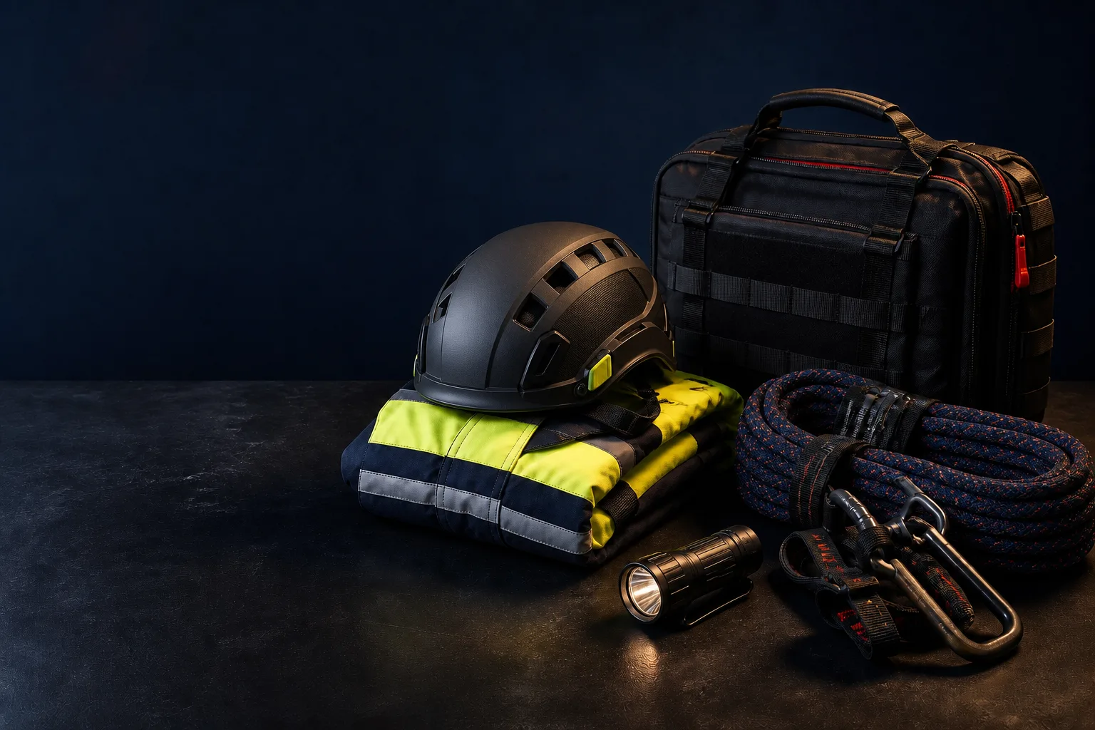 Concept still-life of non-branded rescue equipment, responder apparel and scene-support items.