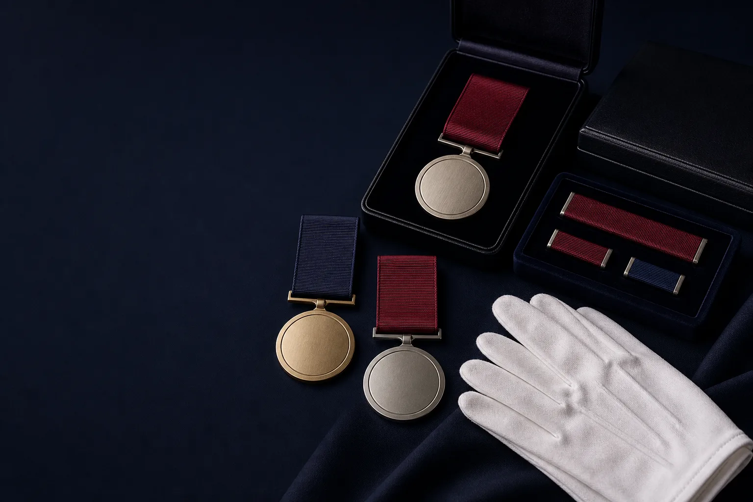 Concept still-life of generic blank medal forms, ribbons, presentation cases and ceremonial gloves.
