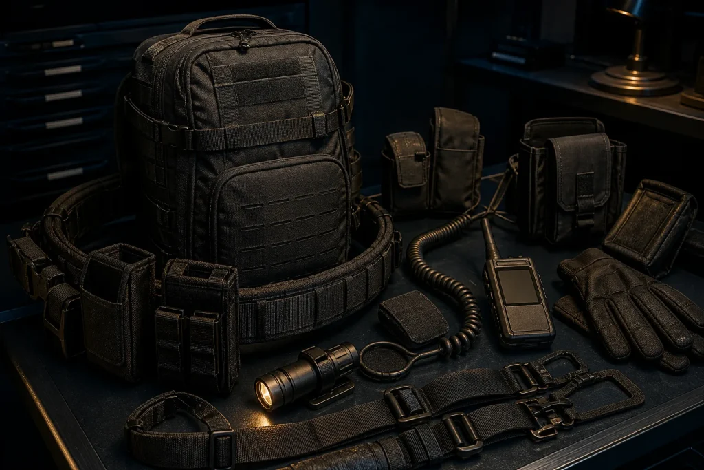 Handheld device, coiled lead and small carried accessories beside a pack and belt.
